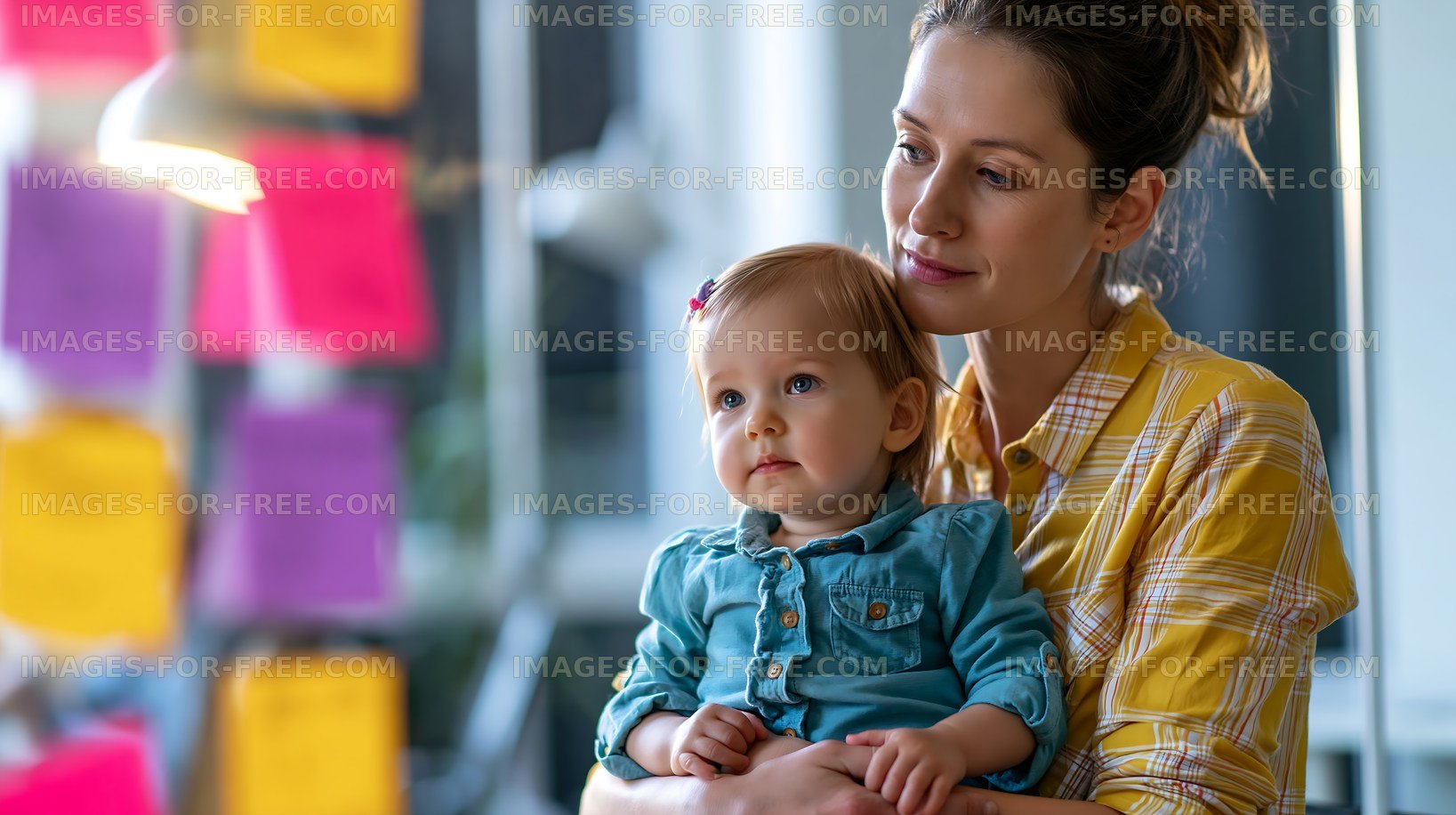 Mother and child looking at colorful notes in an office space