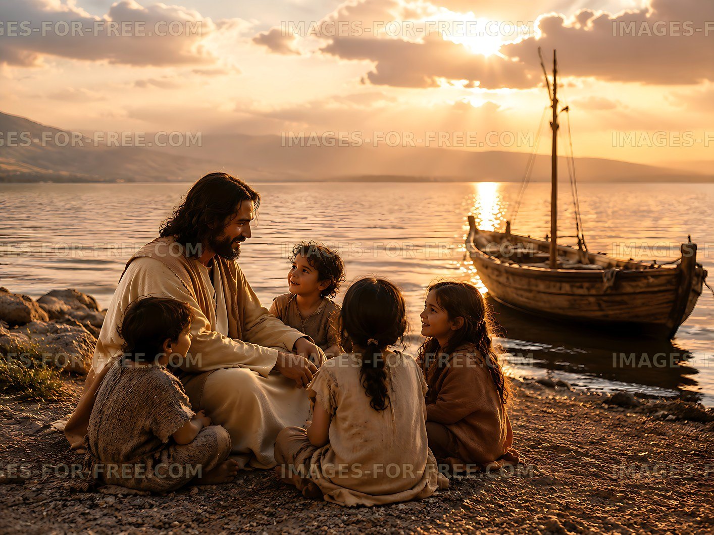 Children learn from a teacher by the lake during sunset