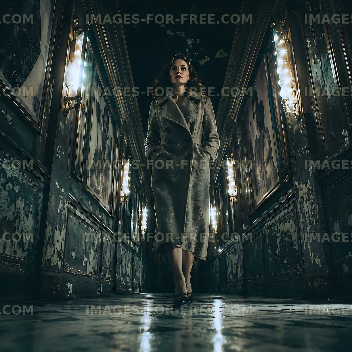 Woman walking in a dark hallway with vintage portraits on walls