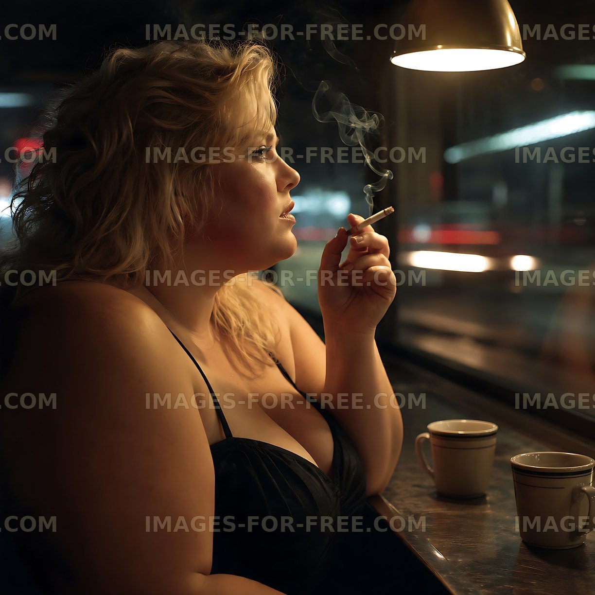 Woman smoking near window at night