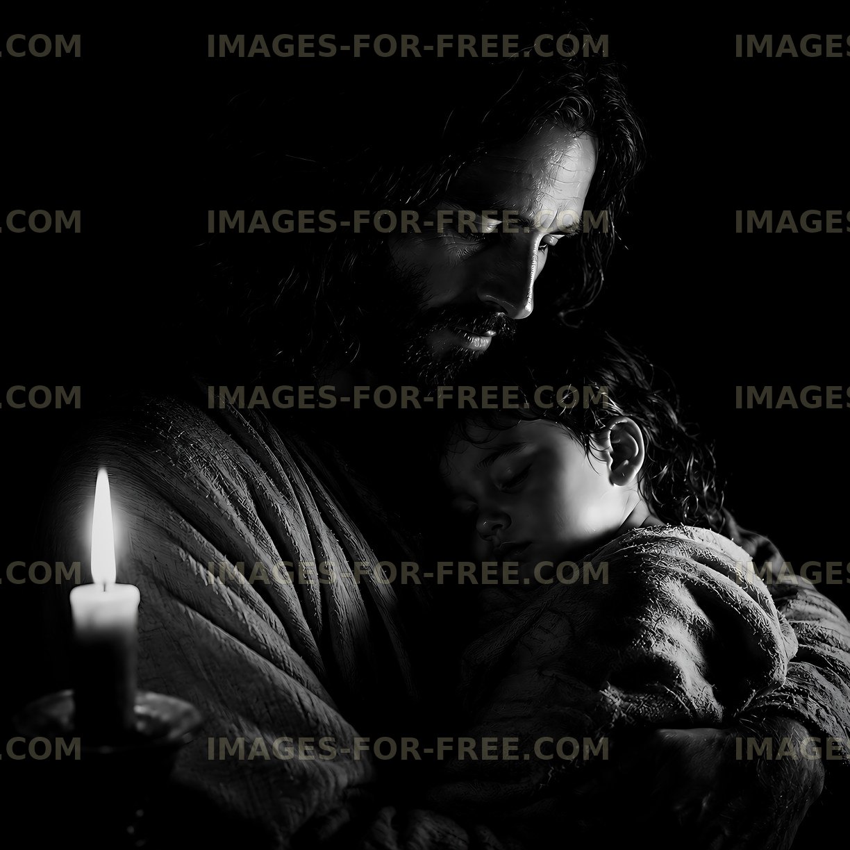 Emotional moment between a man and a child in dim light