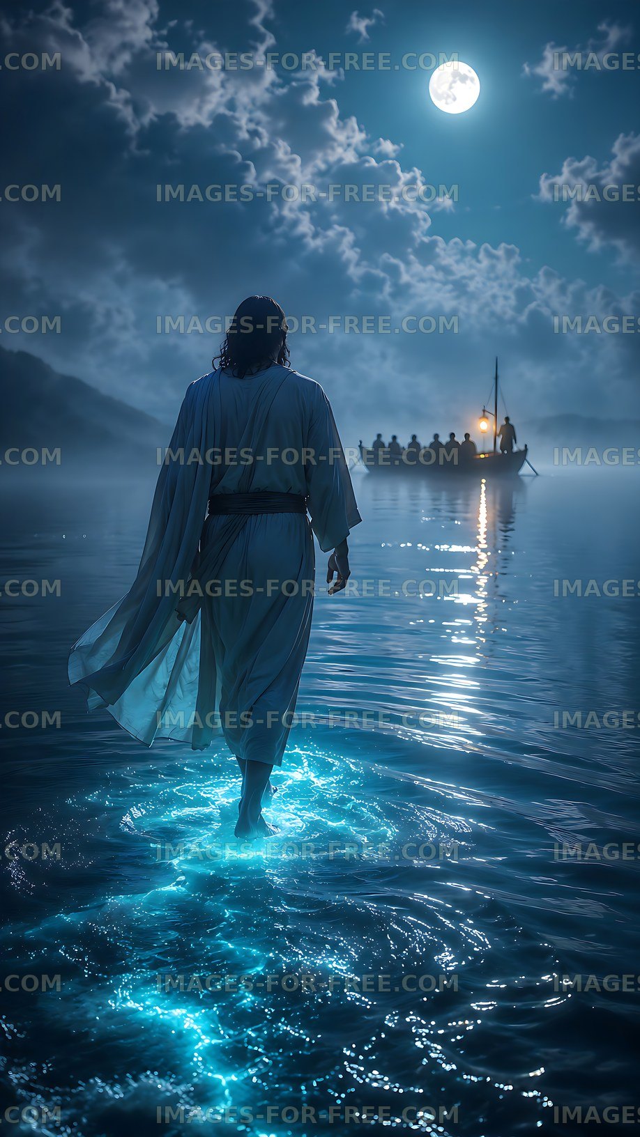 Figure walking on water under moonlight with boat nearby