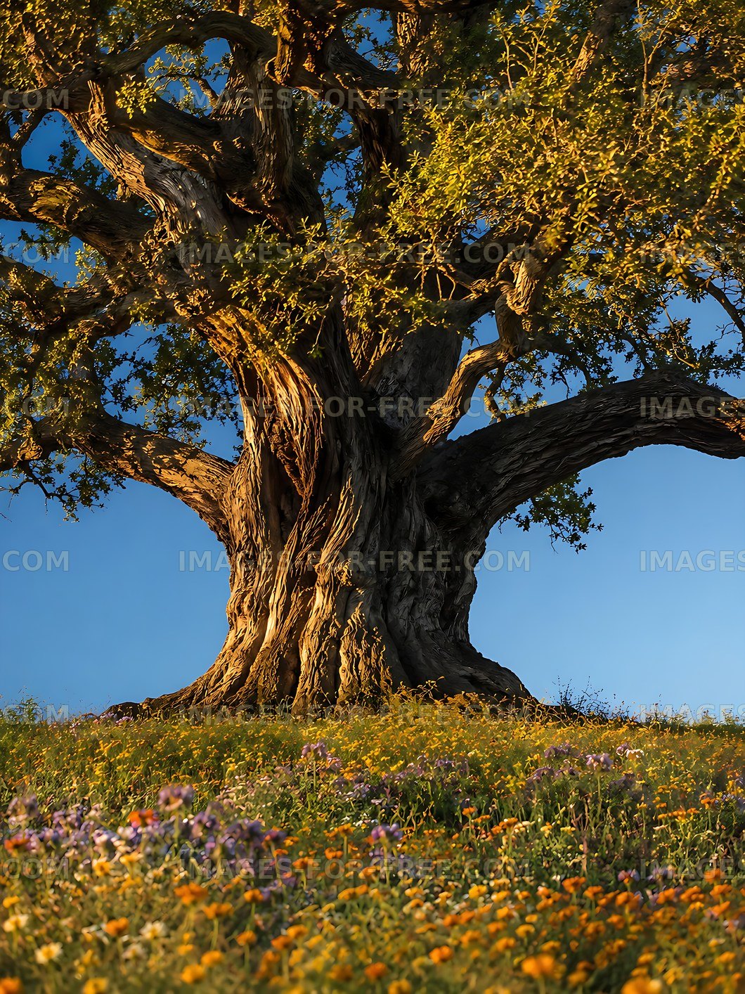 Large tree standing on a grassy hill with colorful flowers