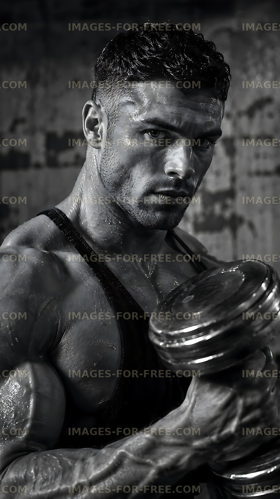 Muscular man lifting dumbbell in a gym setting