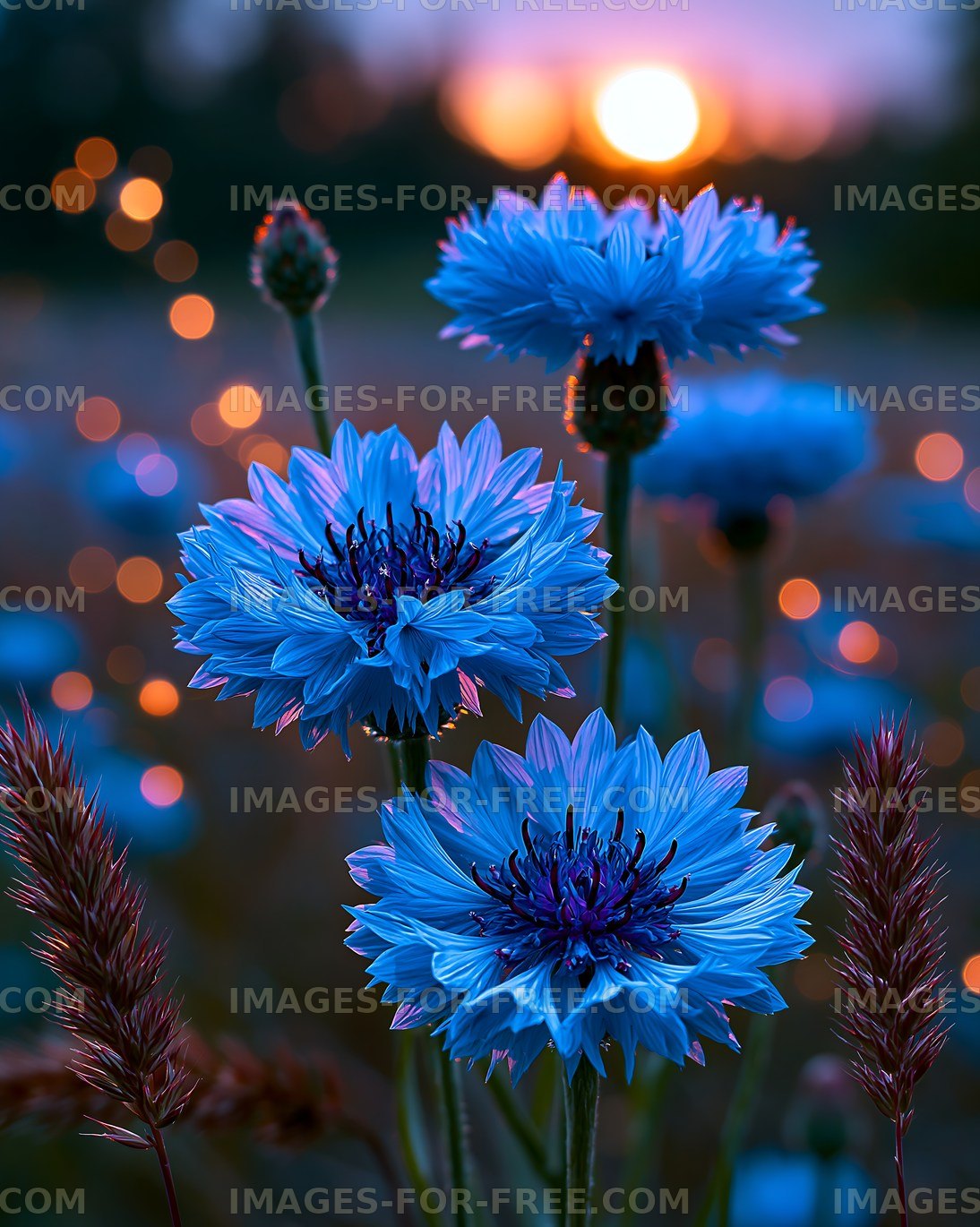 Blue flowers at sunset with bokeh lights in the background
