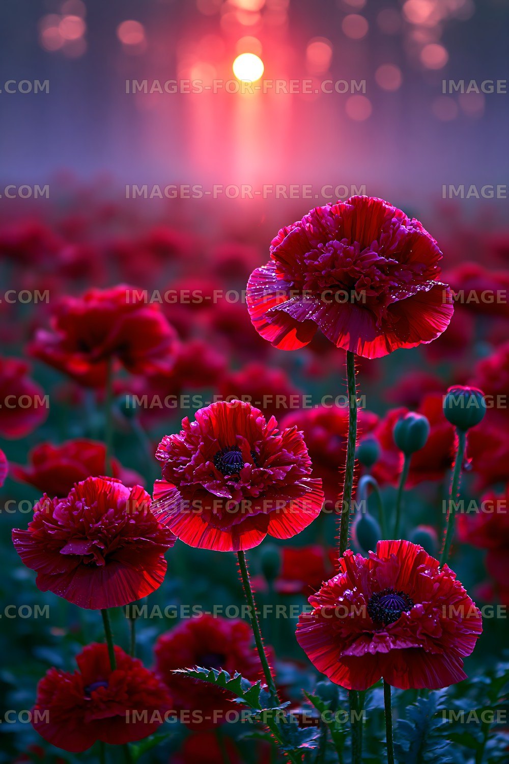Red poppies in a field at sunrise