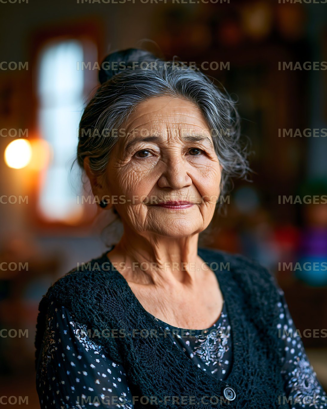 Elderly woman smiling in cozy indoor setting