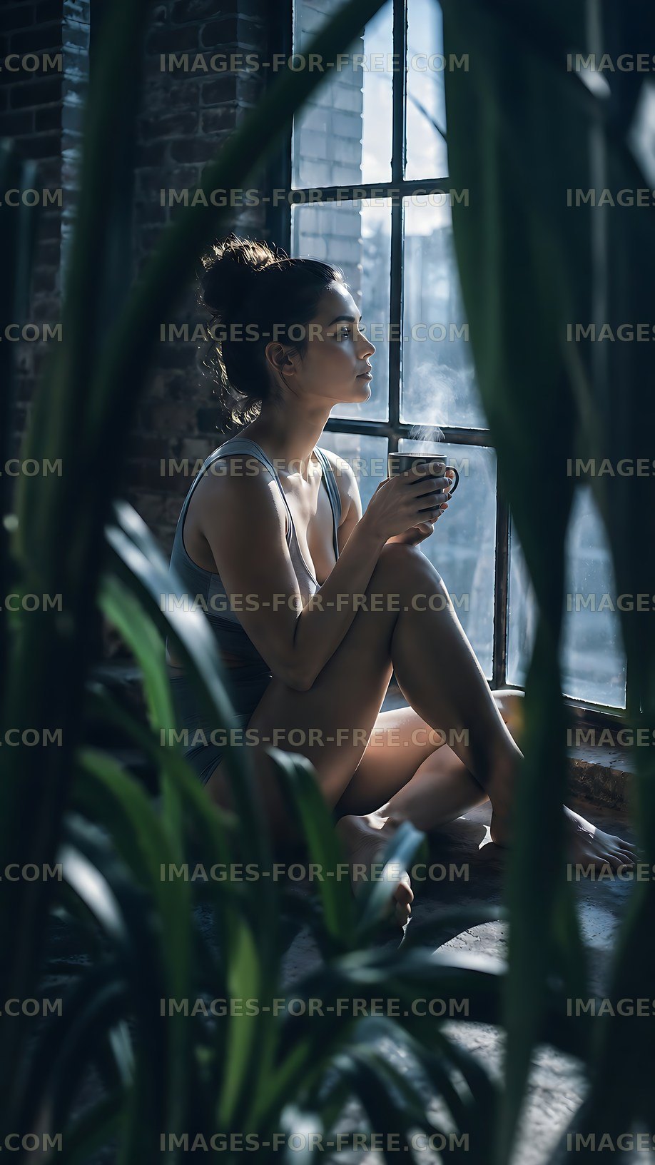 Woman sitting by window with coffee in cozy indoor space