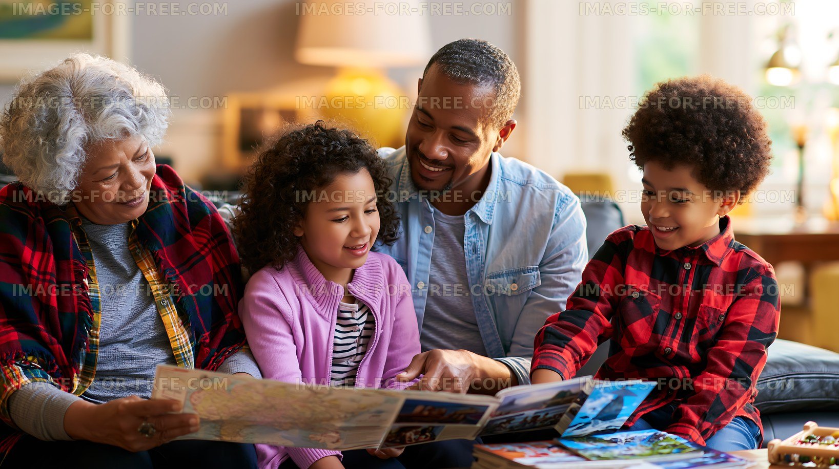 Family enjoying time together while looking at travel maps