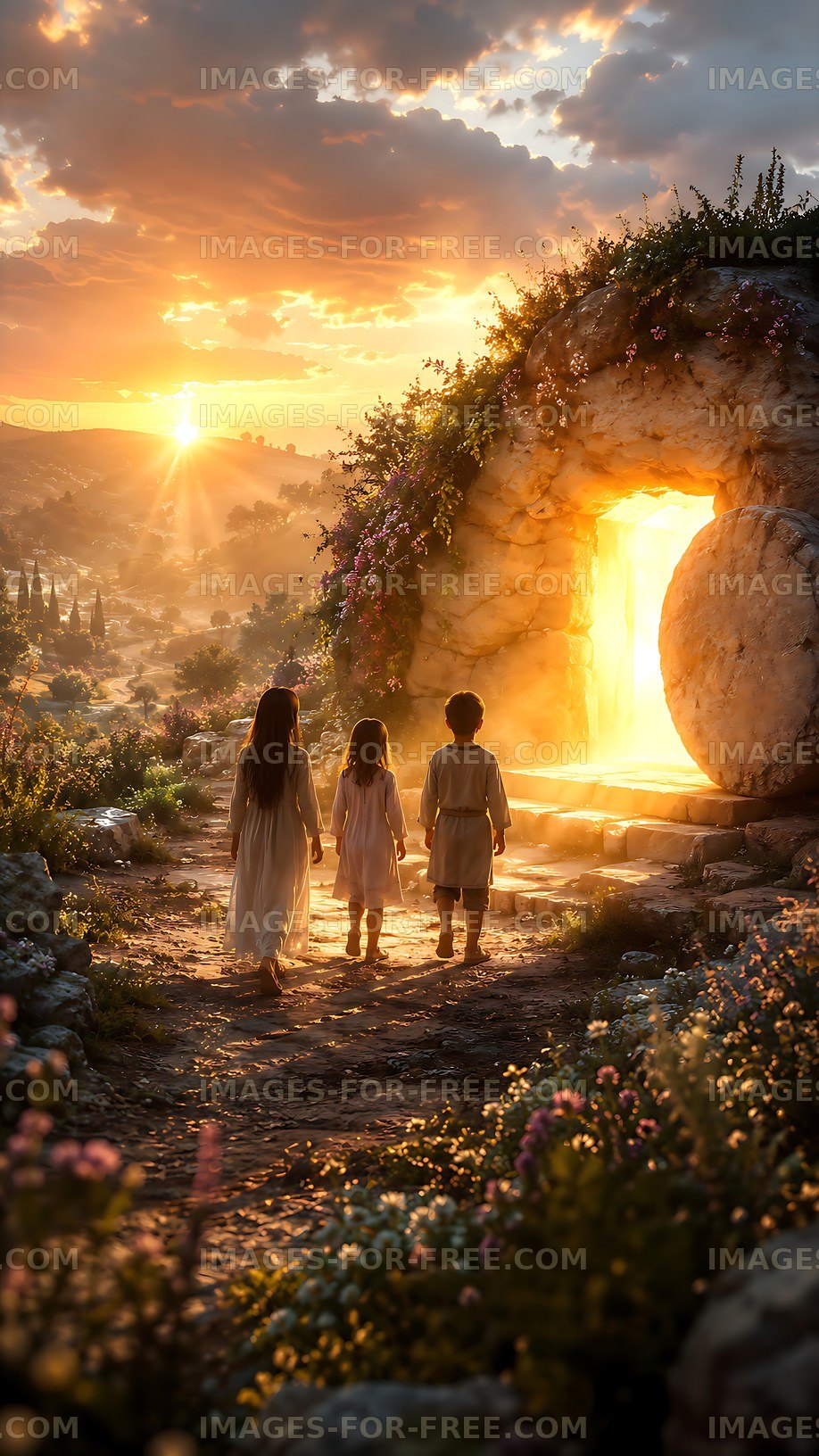 Children walking towards a glowing entrance at sunset
