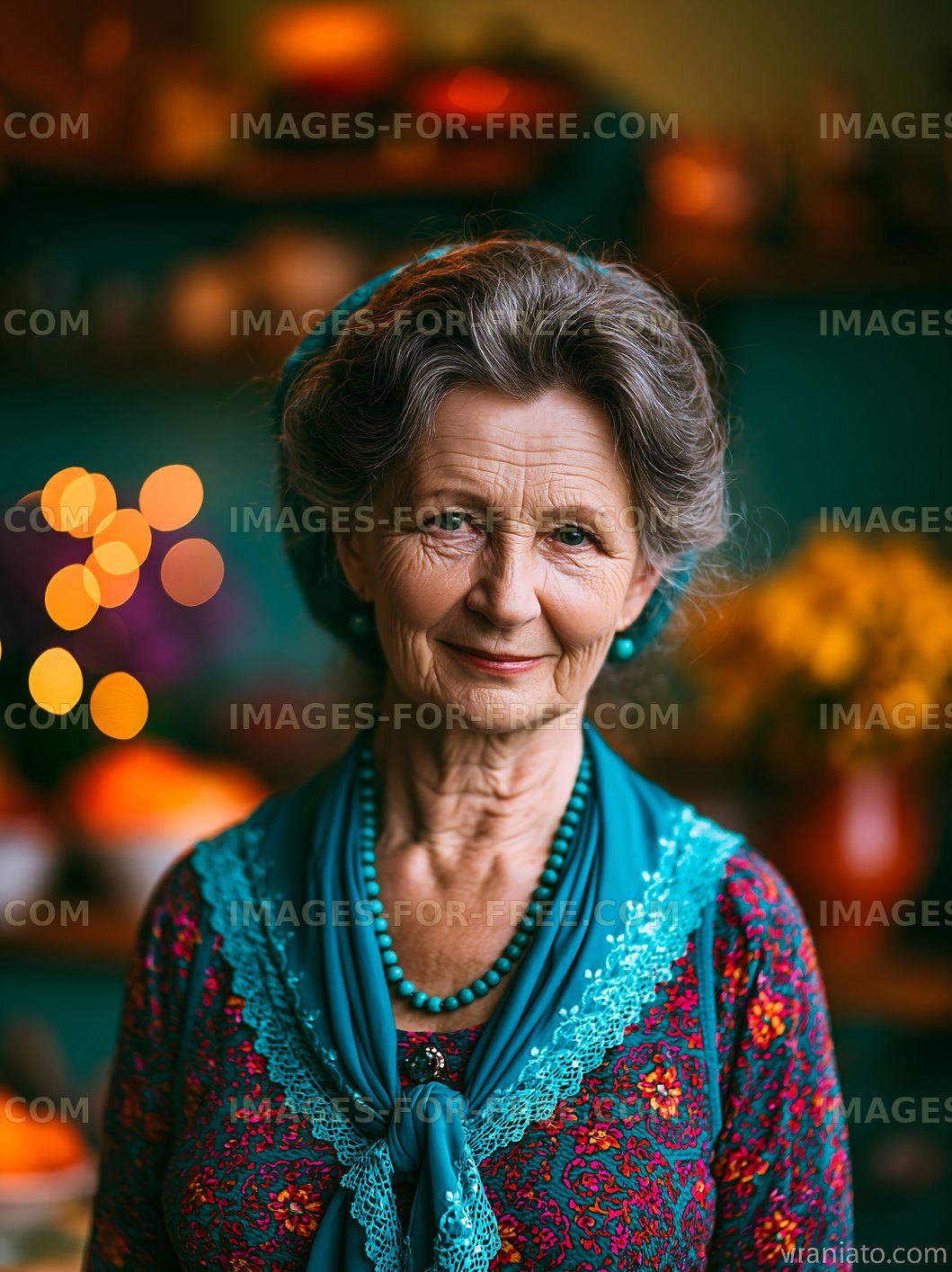 Elderly woman smiling in a colorful patterned outfit