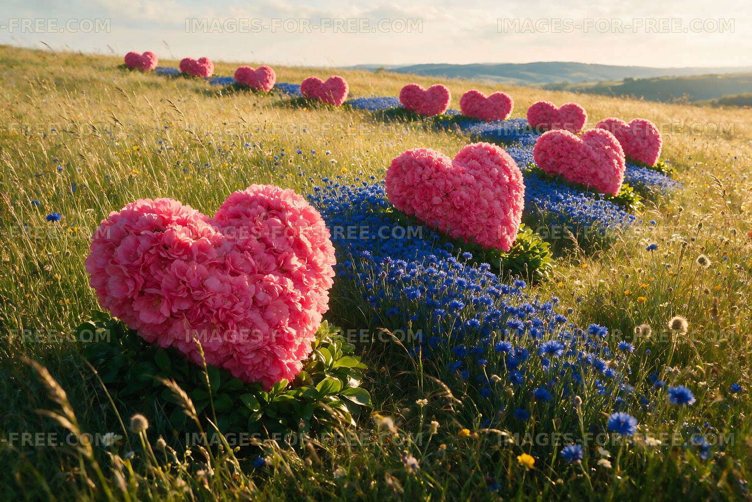 Floral heart shapes on a grassy field