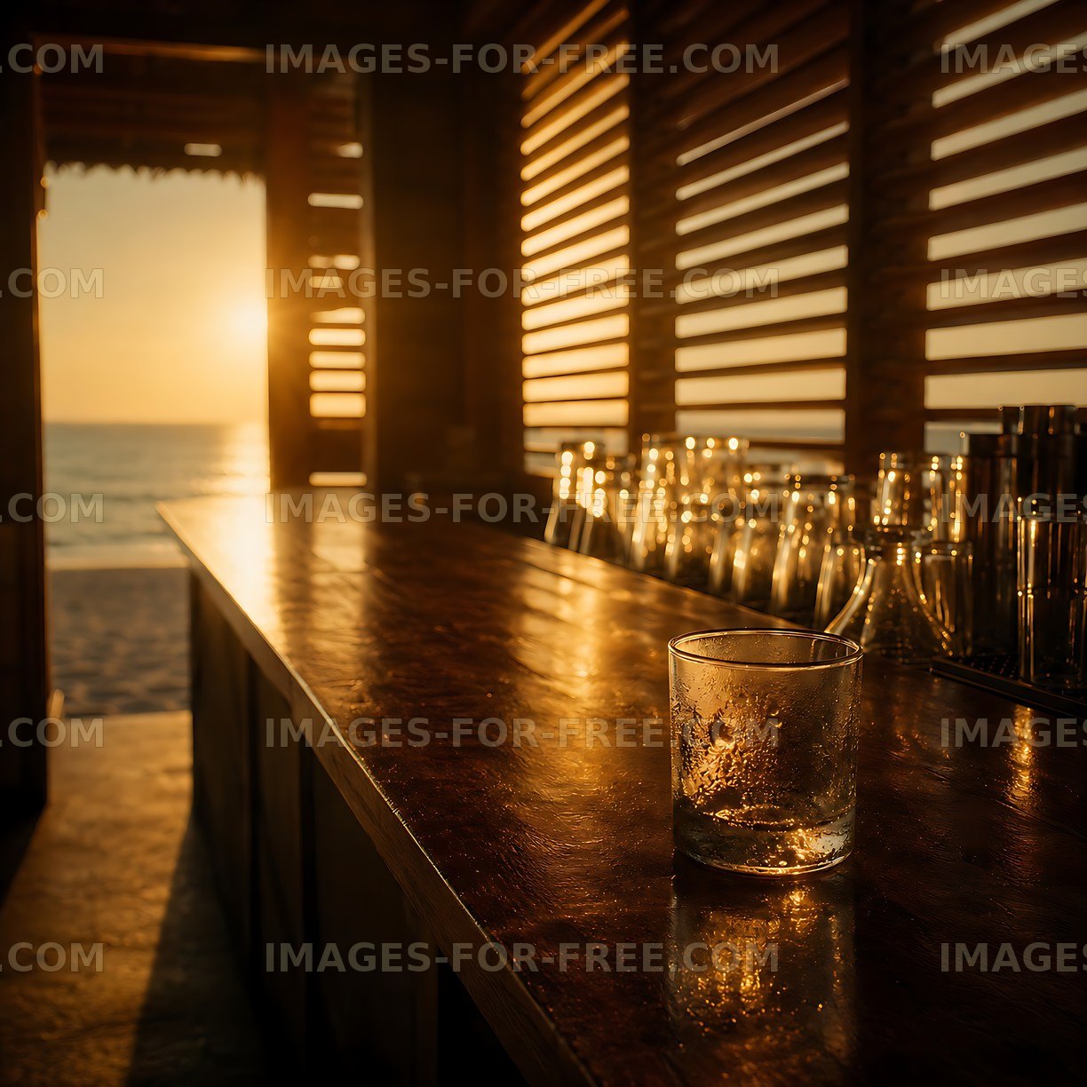 Bar counter with drink at sunset by the beach
