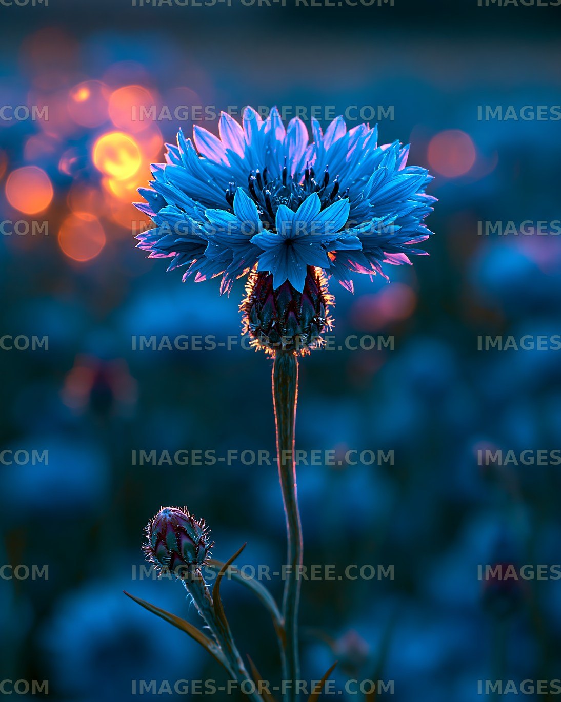 Blue flower with glowing background at sunset