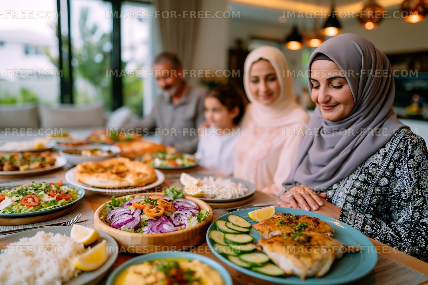 Family gathering with traditional food in a cozy dining space