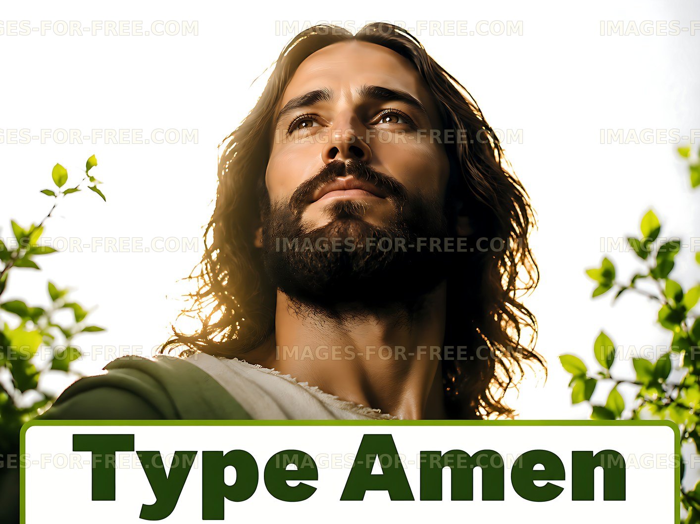 Man with long hair and beard looking up among green foliage