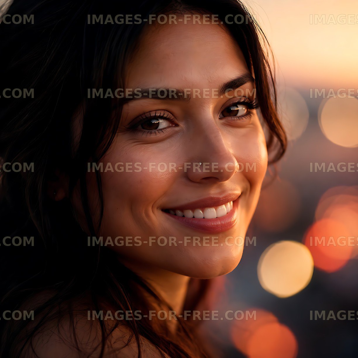 Smiling woman with glowing background during sunset