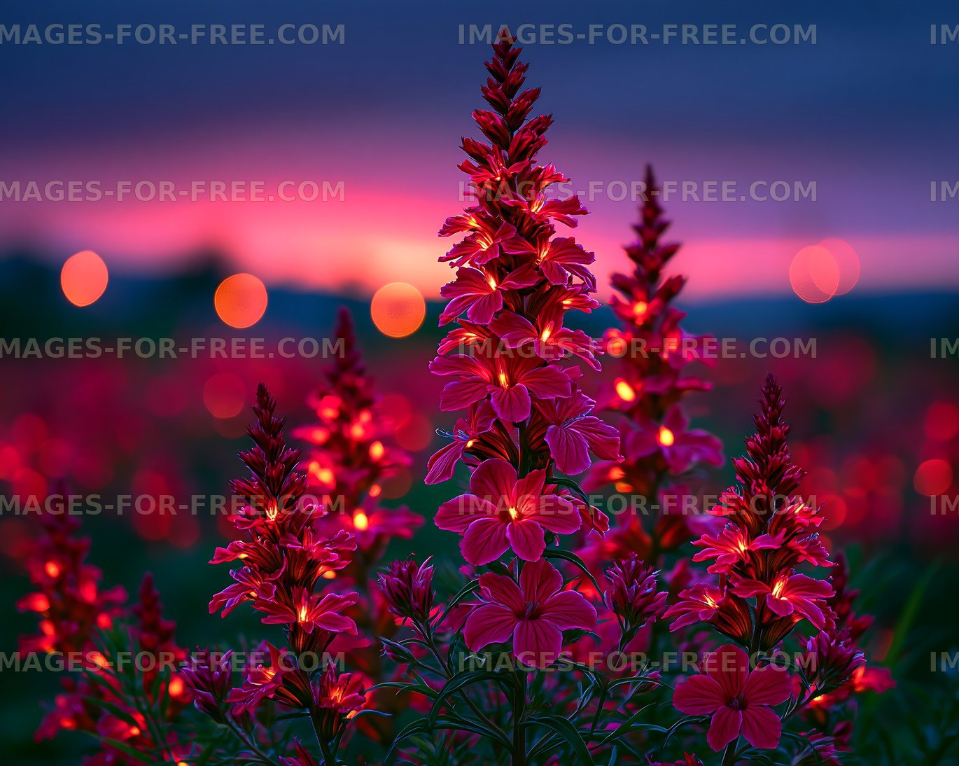 Bright flowers bloom at sunset with blurred lights in background