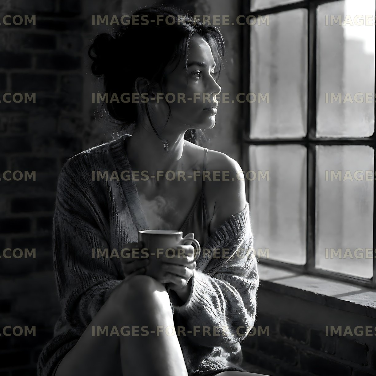 Woman sitting by a window holding a mug in a cozy setting