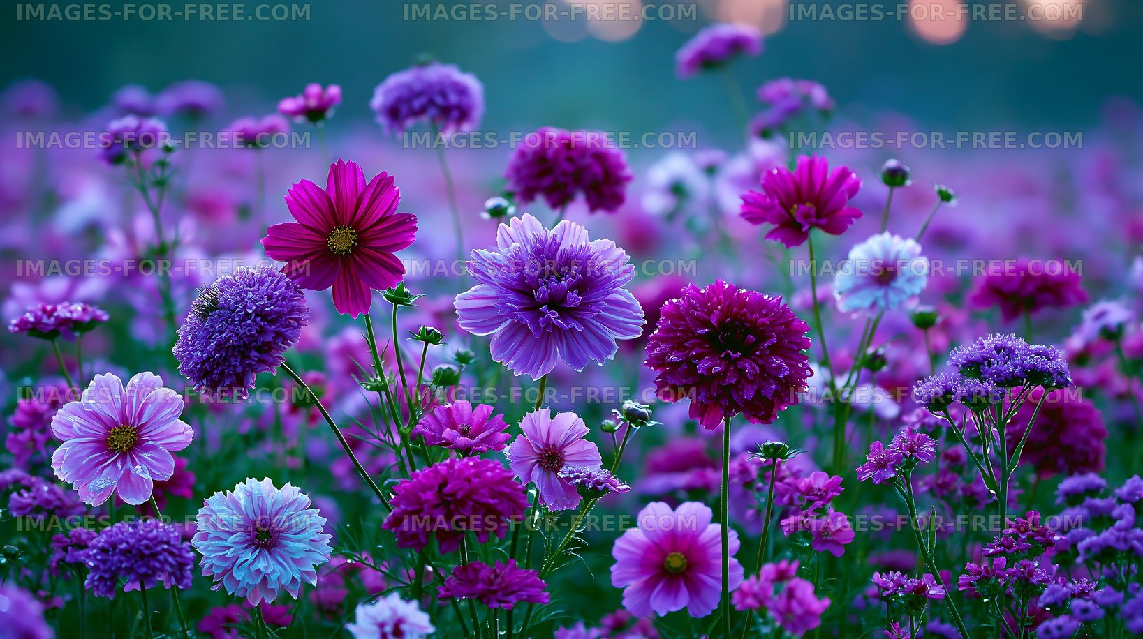 Vibrant flower field with purple and pink blooms at dusk
