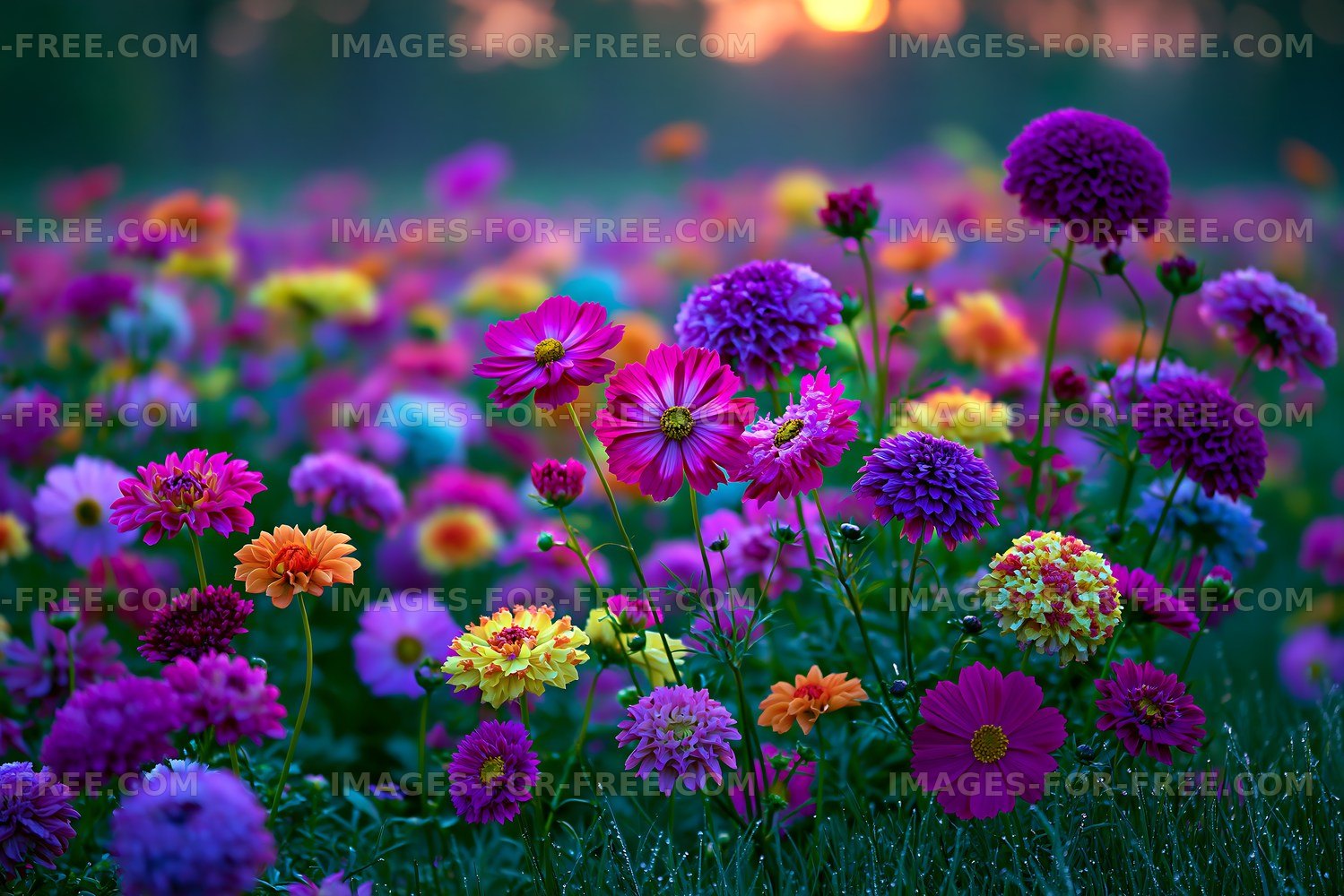 Colorful flower field during sunset
