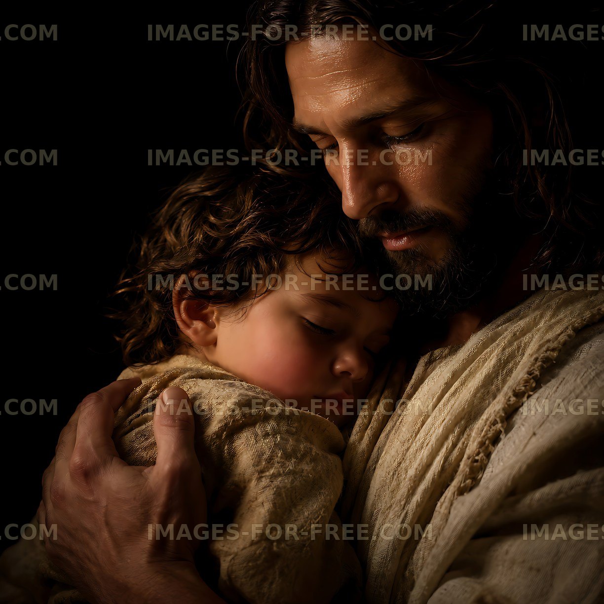 Man holds child in embrace with warm expression