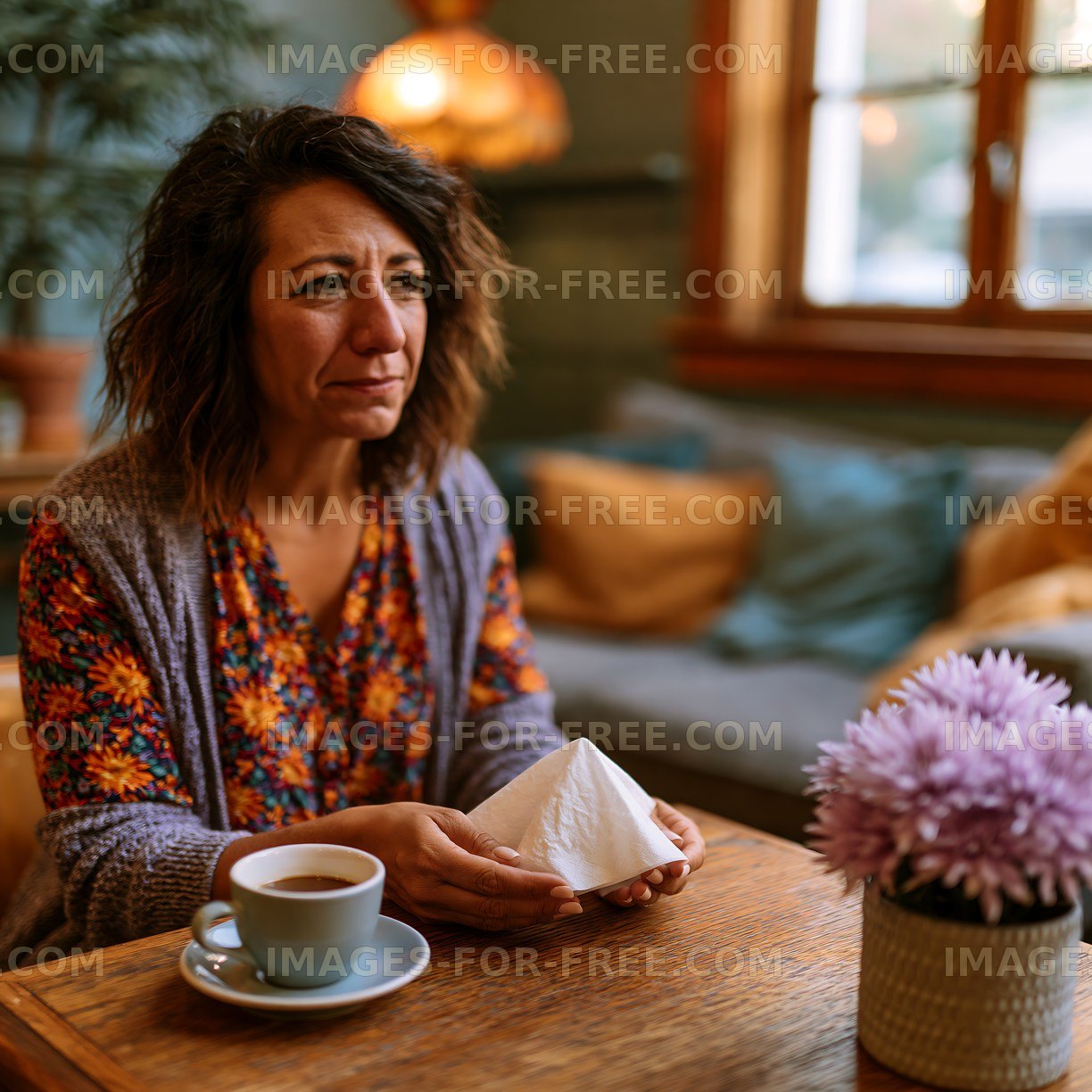 Woman sitting with coffee in cozy cafe setting