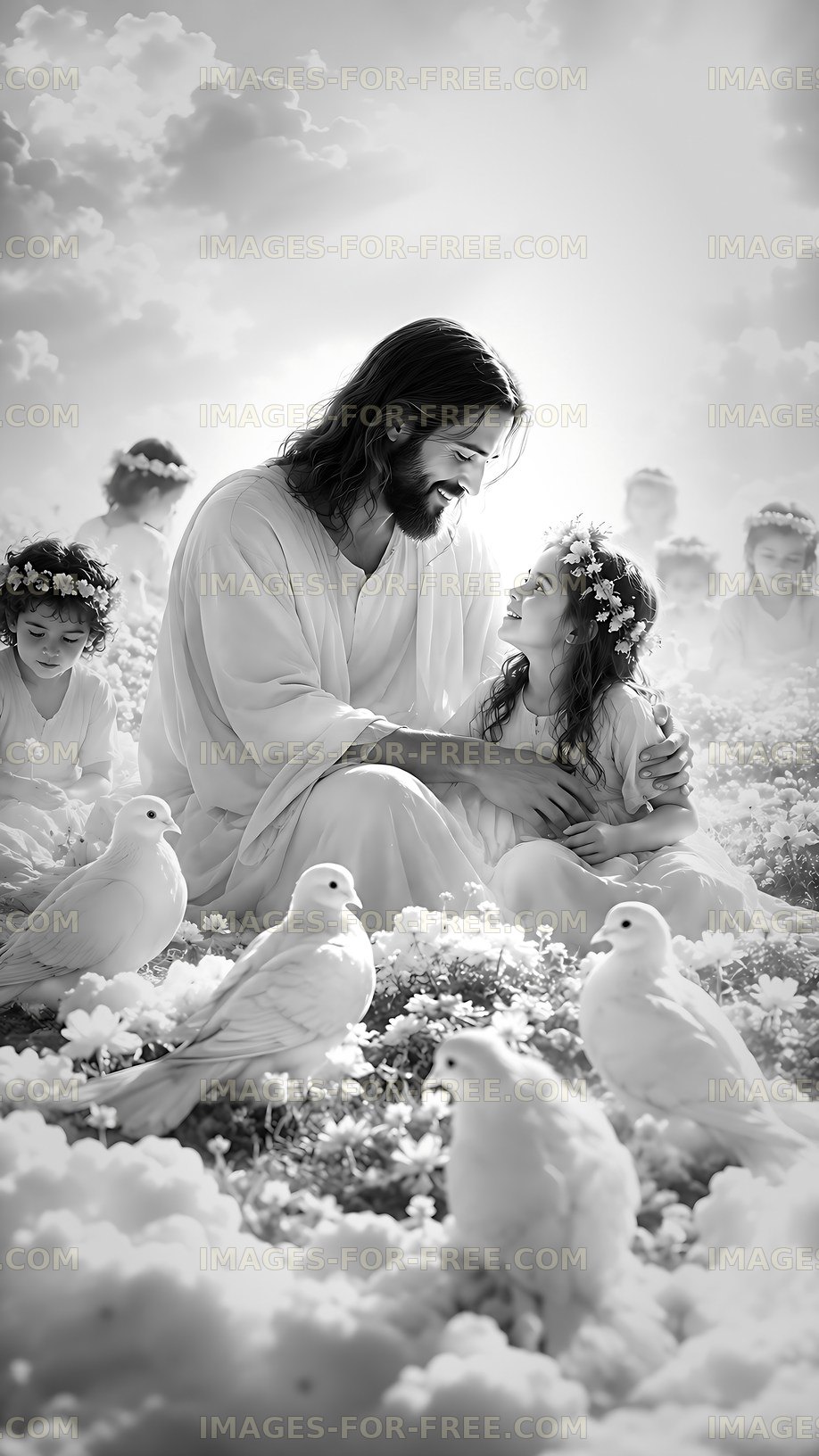Jesus with children in a serene garden setting