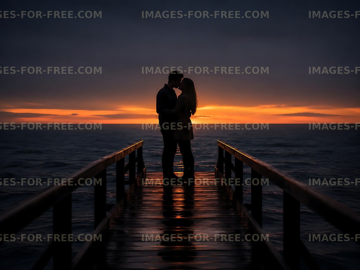 Couple embracing on a pier at sunset