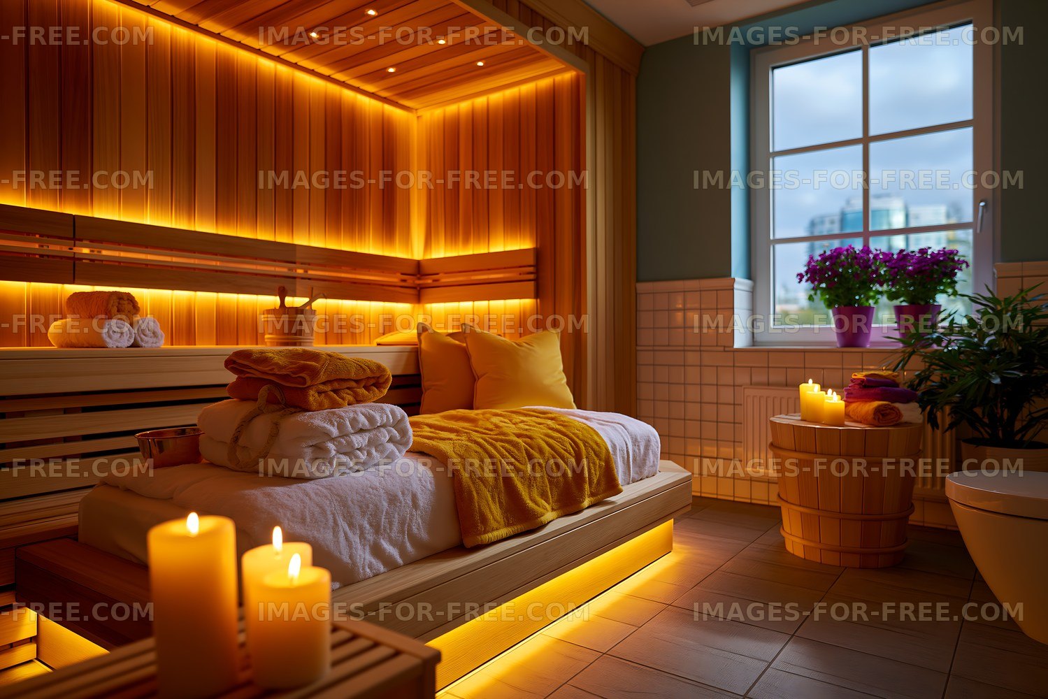 Relaxing spa room with candles and wooden decor
