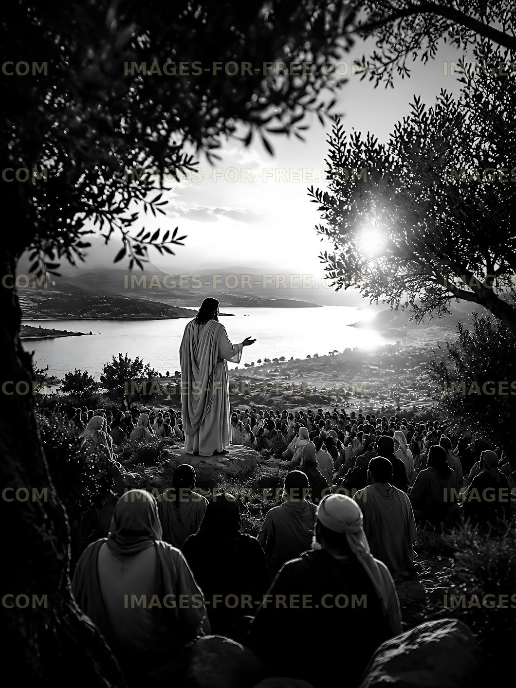 Jesus teaching the crowd by the lake during sunset