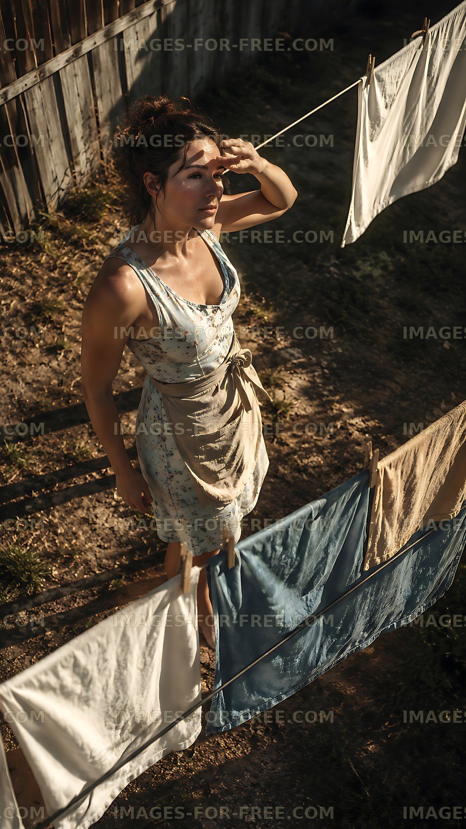 Woman hanging laundry in a backyard on a sunny day