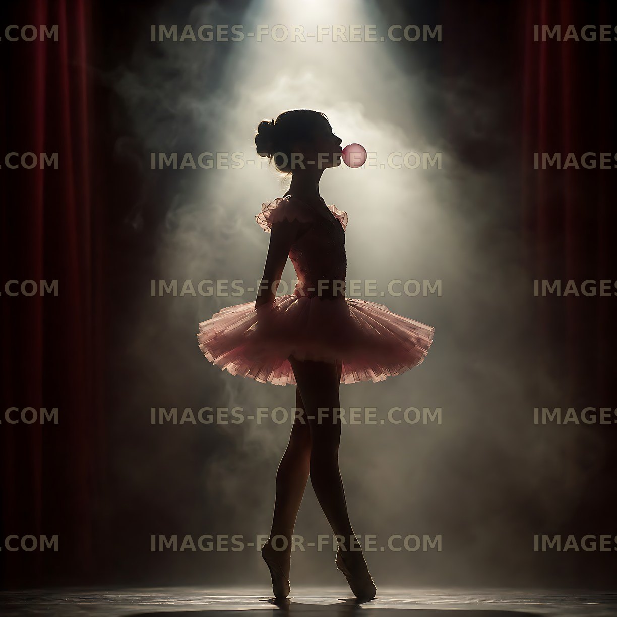 Ballet dancer in silhouette blowing bubble gum on stage