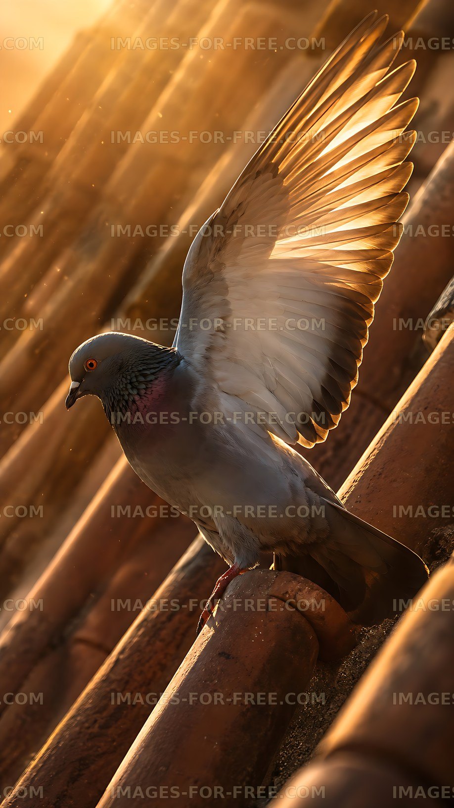 Pigeon spreading wings on rooftop during sunset