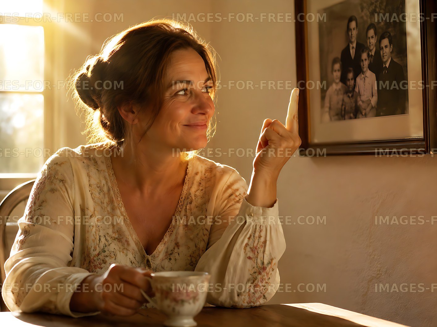 Woman enjoying tea while reflecting in warm light