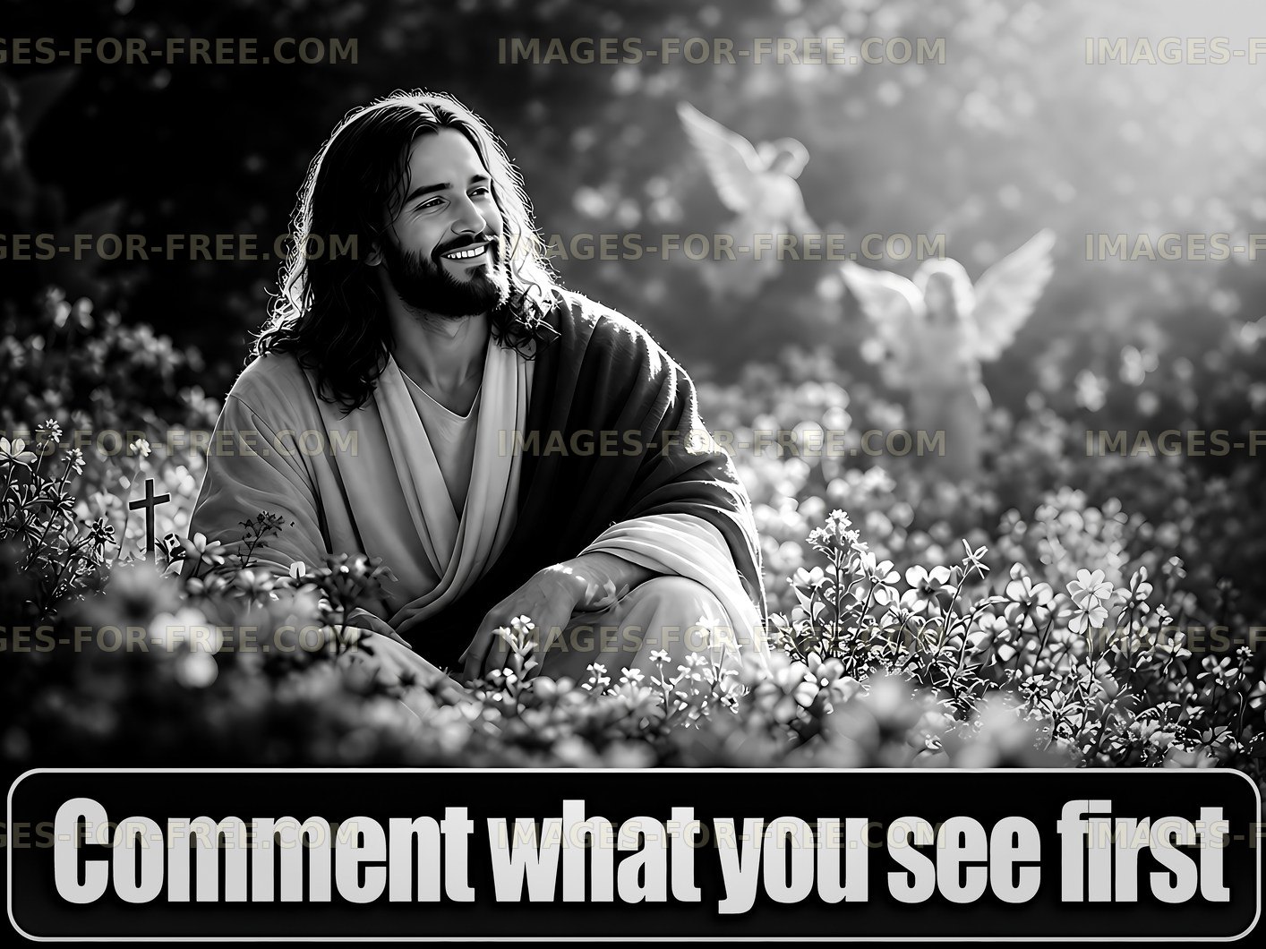 Man with long hair sitting in a field surrounded by flowers