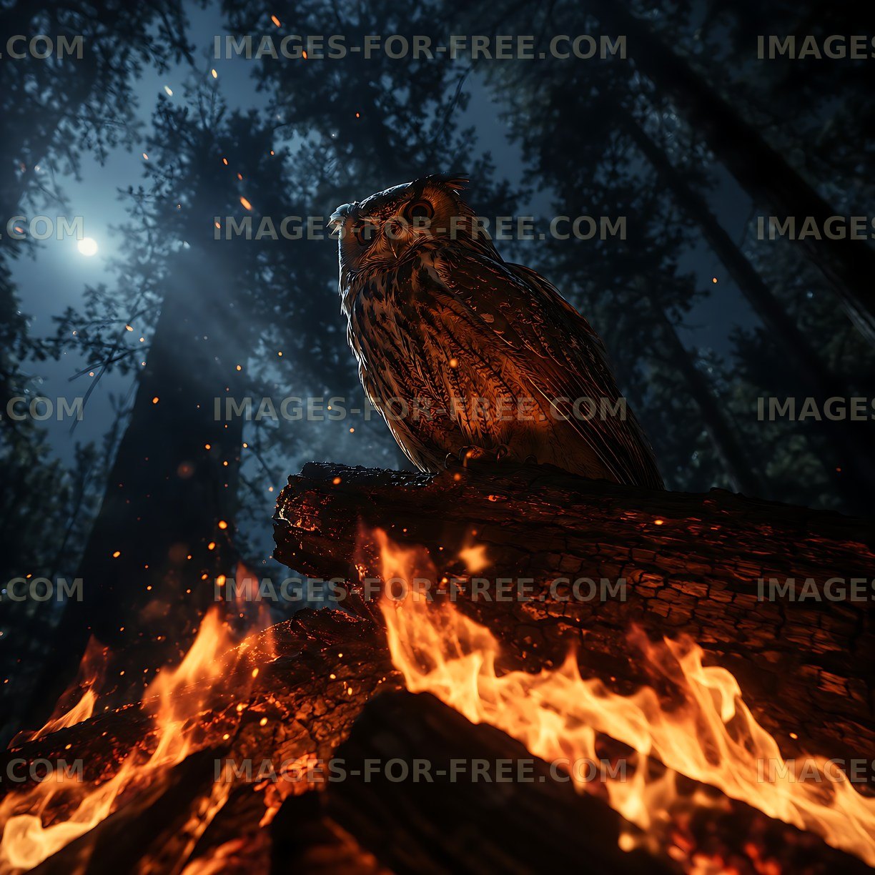 Owl perched near a campfire in a dark forest at night