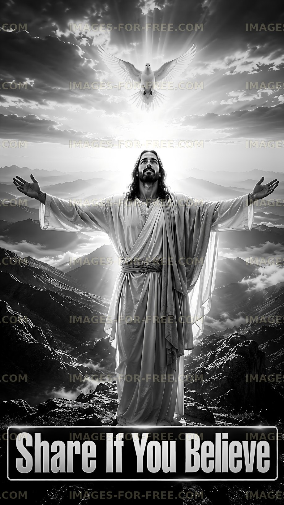 Jesus with open arms on mountain with dove in sky