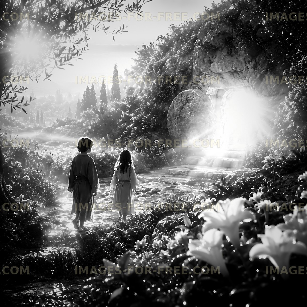 Children walking towards a light in a forest scene