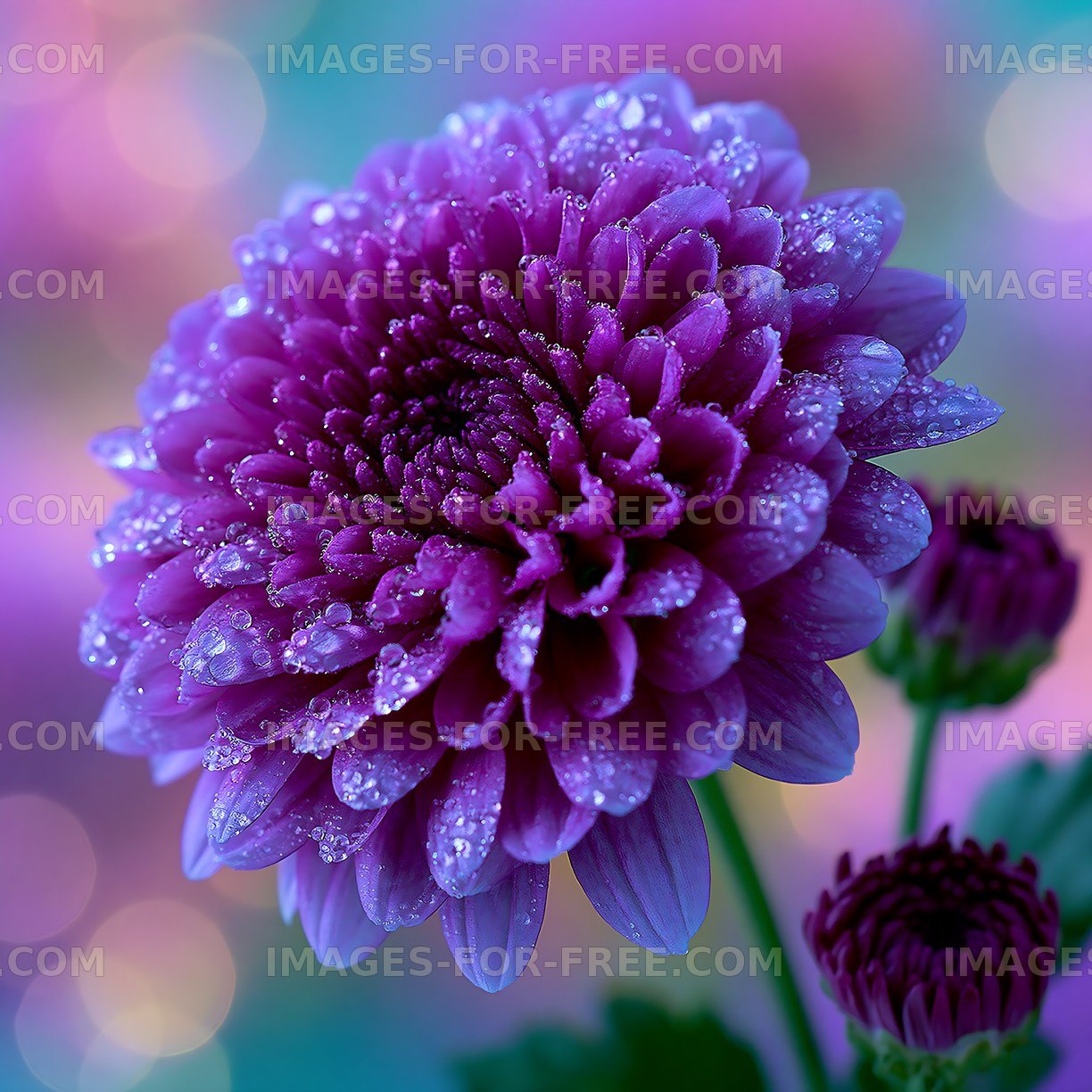 Purple flower with water droplets on colorful background