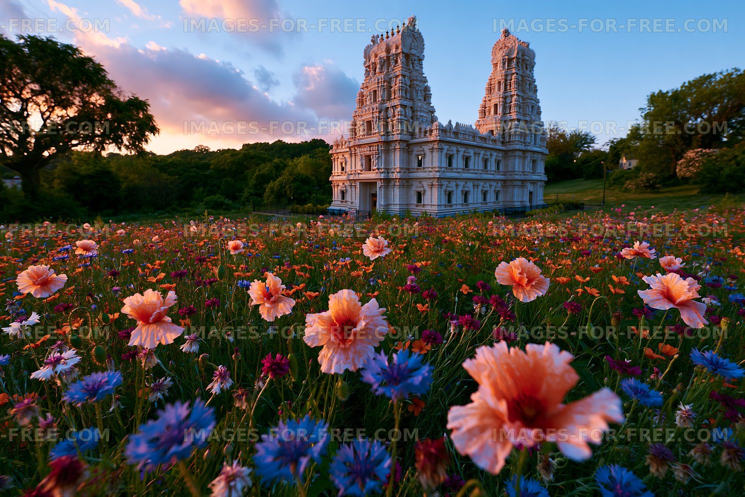Temple surrounded by wildflowers at sunset