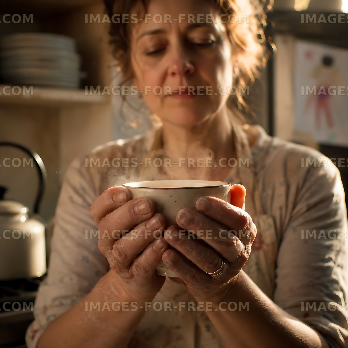 Woman holding cup of hot beverage in a cozy kitchen
