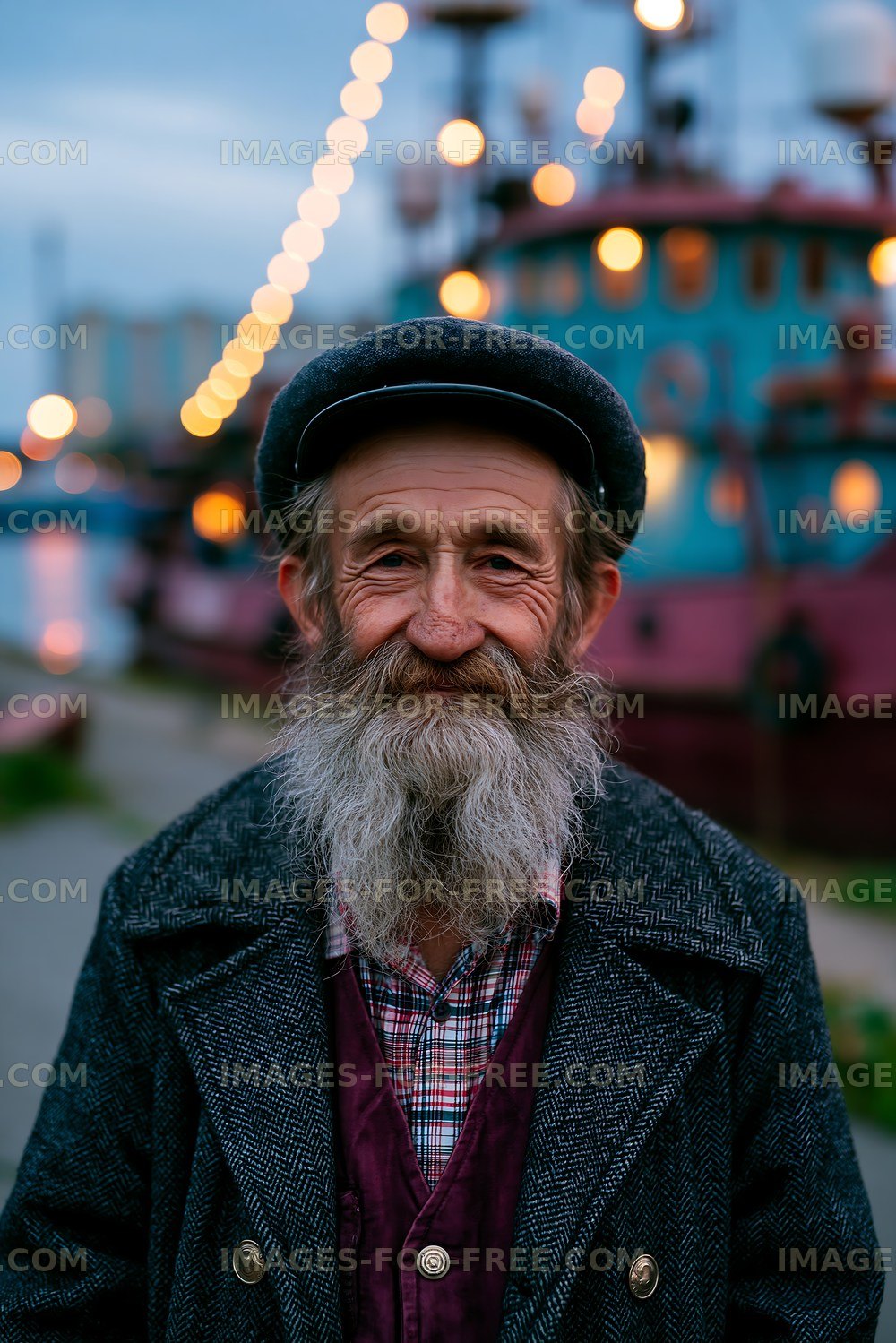 Man with beard standing by boats at port during twilight