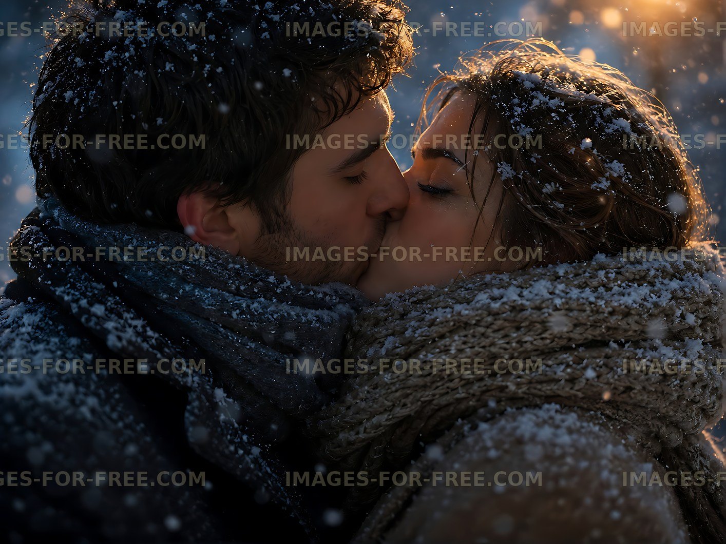 Couple kissing in snow during winter evening