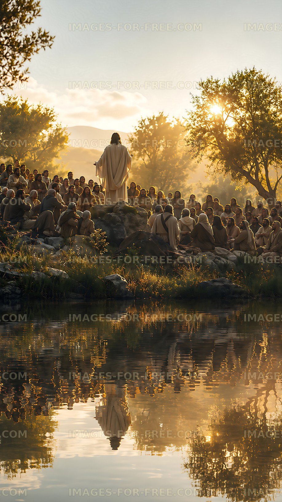 Crowd listening to a speaker by a lake at sunset