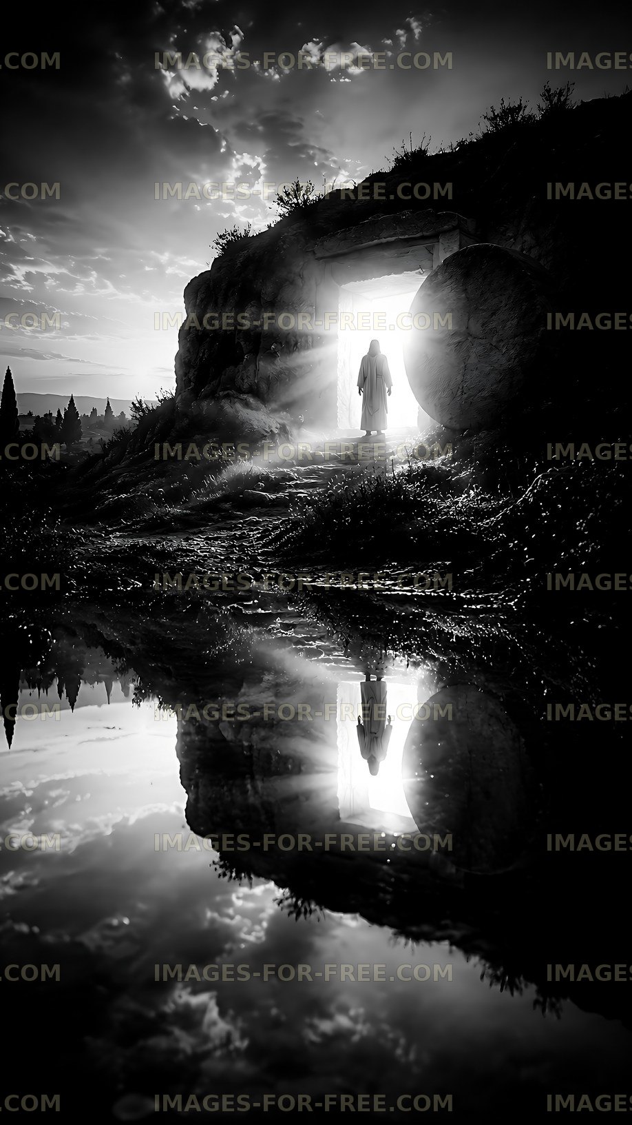 Person standing in doorway of tomb at sunrise