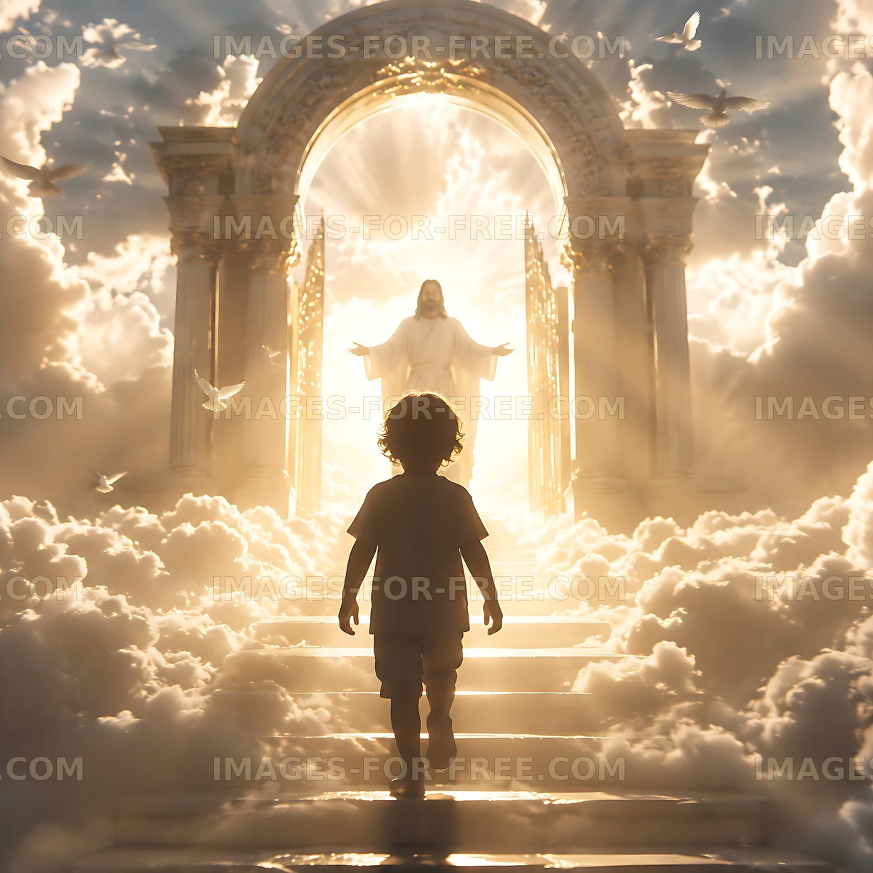 Child walking towards light in a heavenly scene