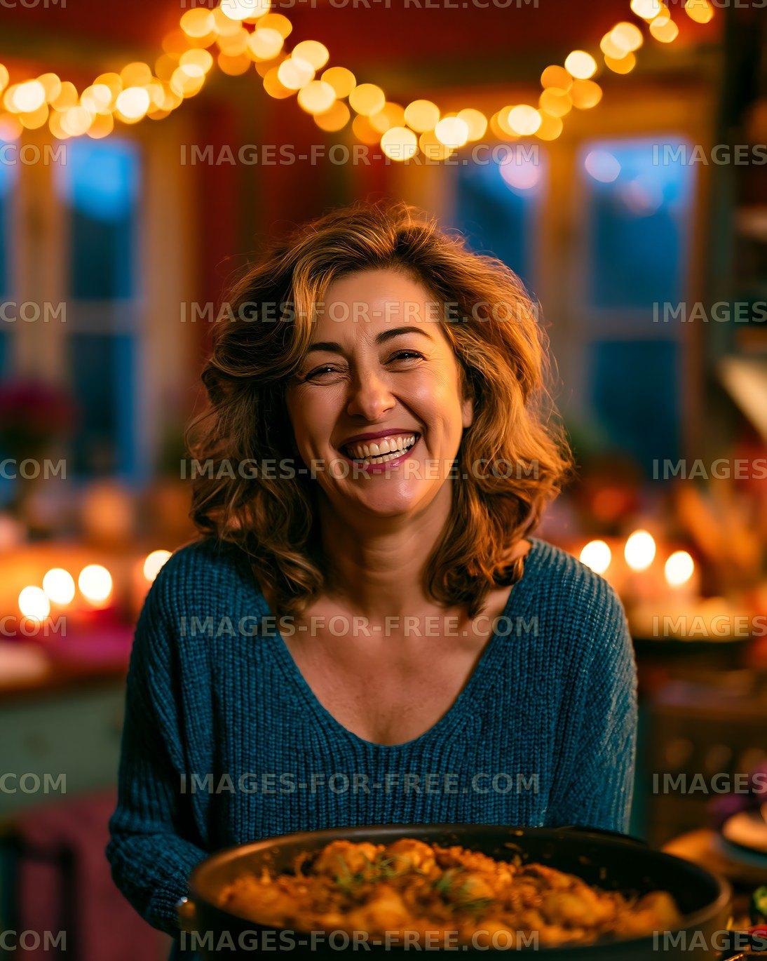 Woman smiles while holding a pot of food in a cozy kitchen
