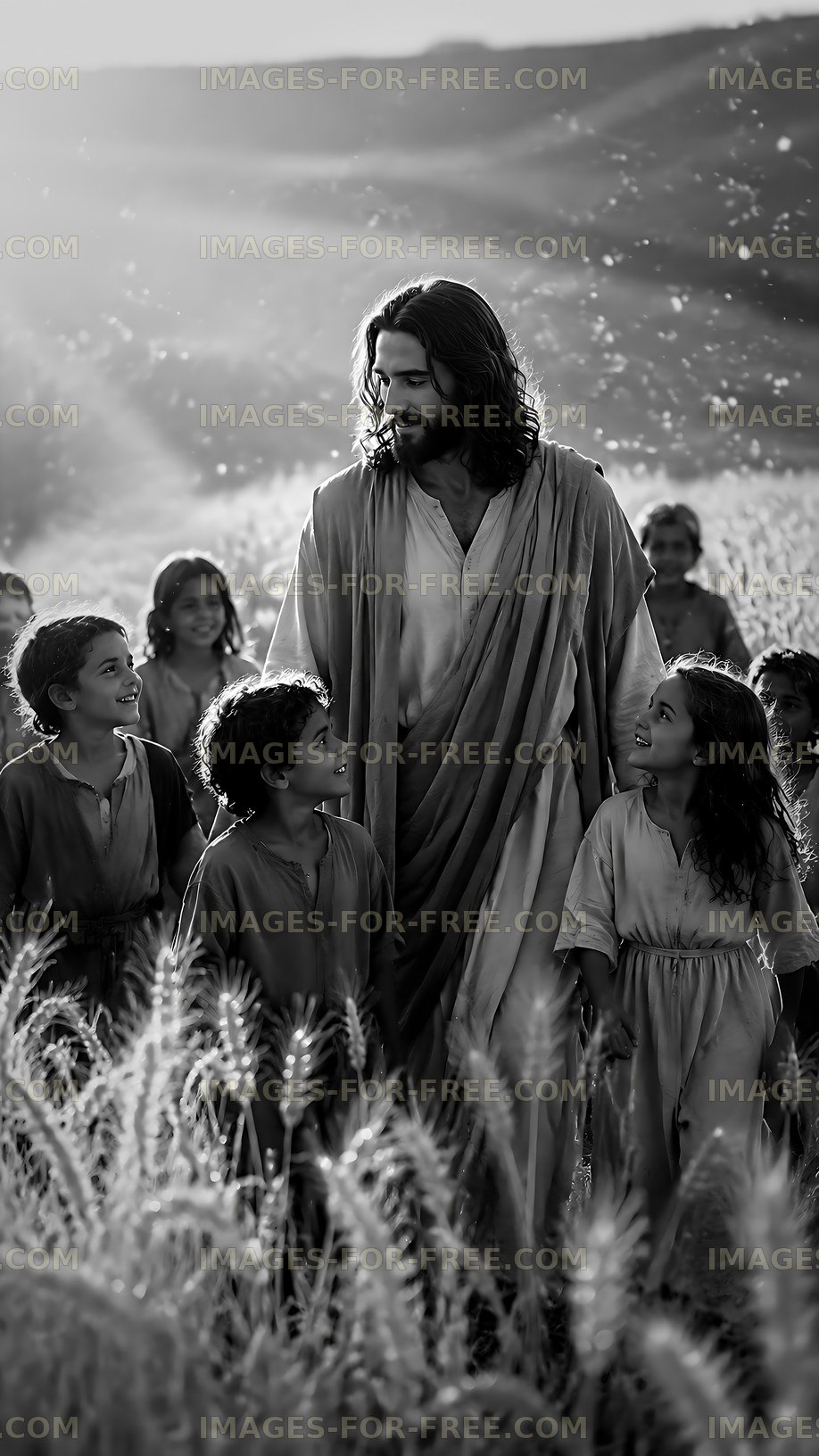Jesus with children in a wheat field during daytime