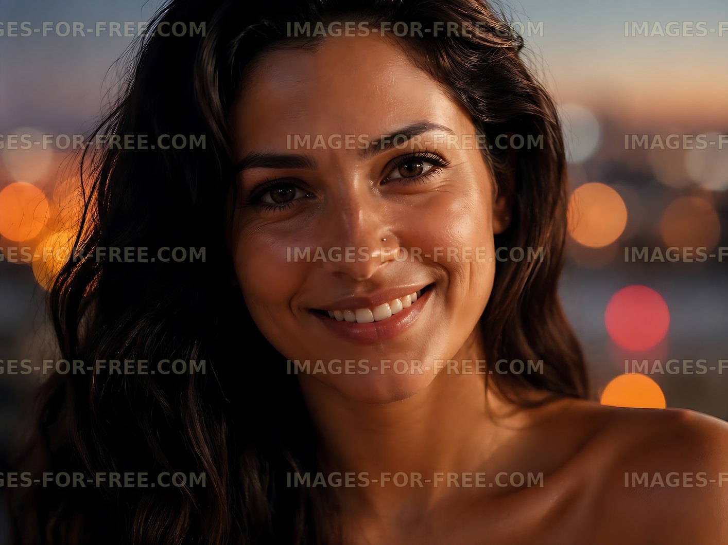 Smiling woman with long dark hair against a city backdrop